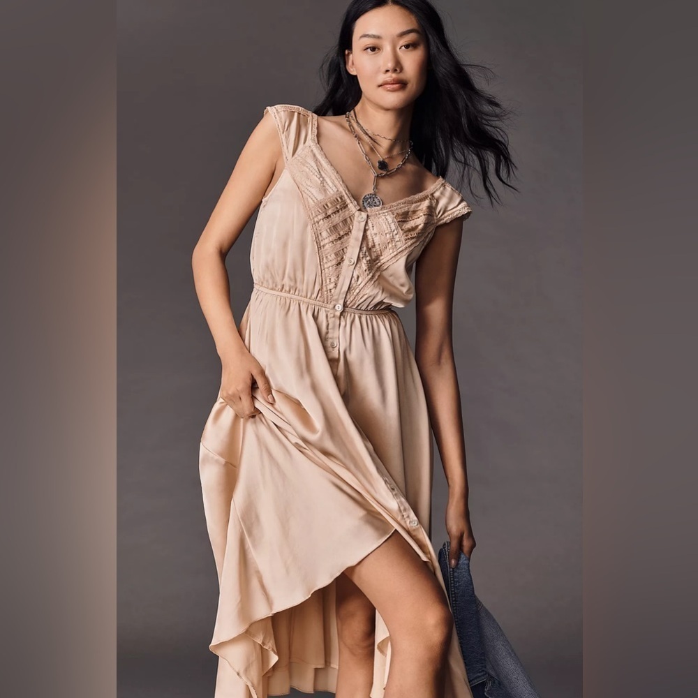 NWT! By Anthropologie Sleeveless Hanky-Hem Midi Dress In Neutral Cream - XS 🔆